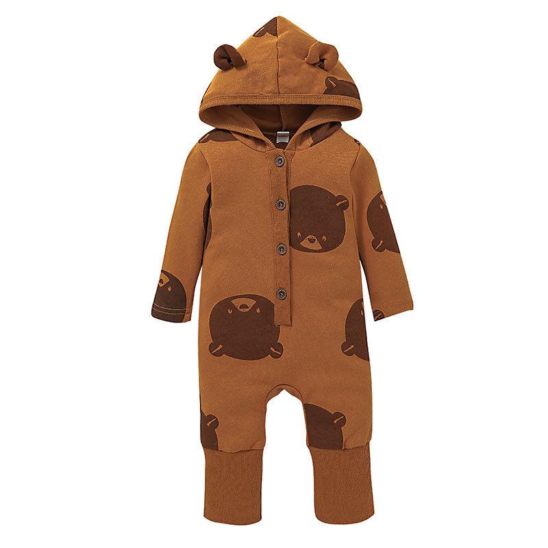 Bear Animal Print Long Sleeve Button Jumpsuit Wholesale Baby Onesies - PrettyKid