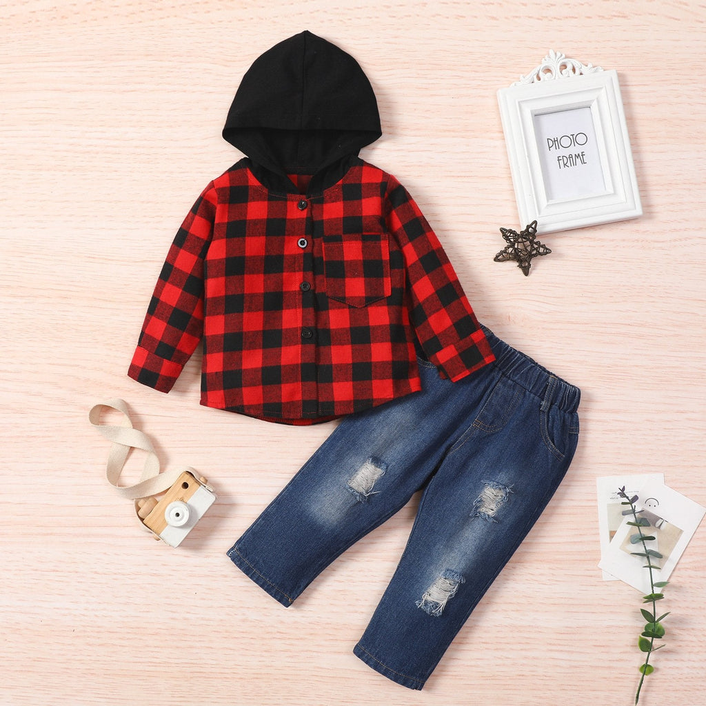 Boys' Hooded Plaid Shirt With Raw Ripped Denim Trousers Wholesale Children's Clothing - PrettyKid