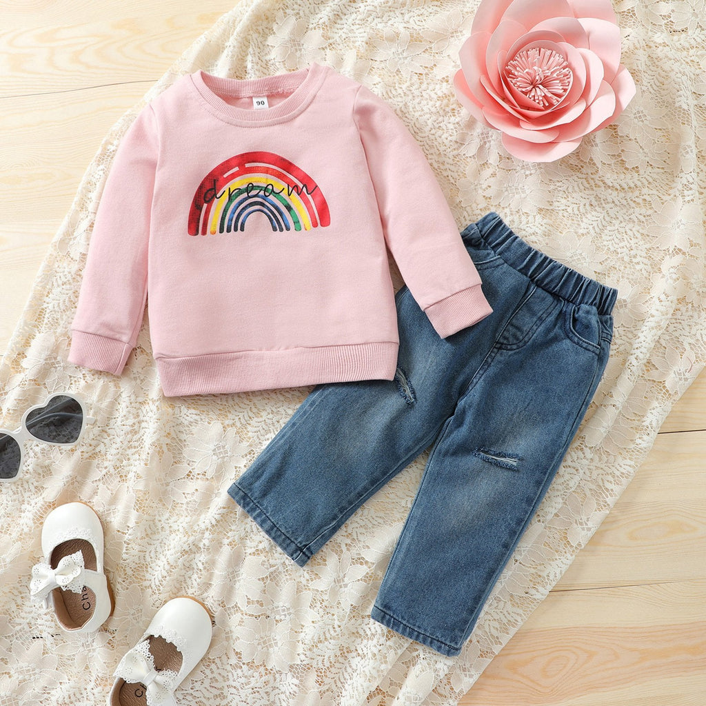 2 Pieces Rainbow Print Little Girl Set Top With Jeans - PrettyKid