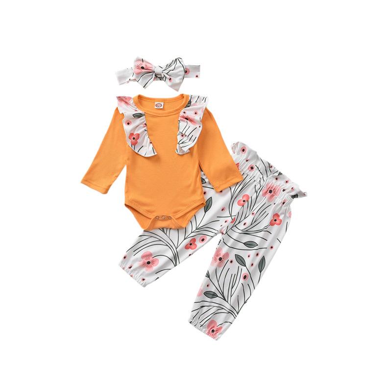 Baby Girl Three-piece Jumpsuit and Floral Trousers and Headband - PrettyKid