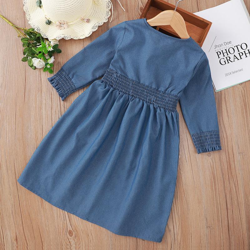 Blue Long Sleeve Button Denim Dress For Girls - PrettyKid