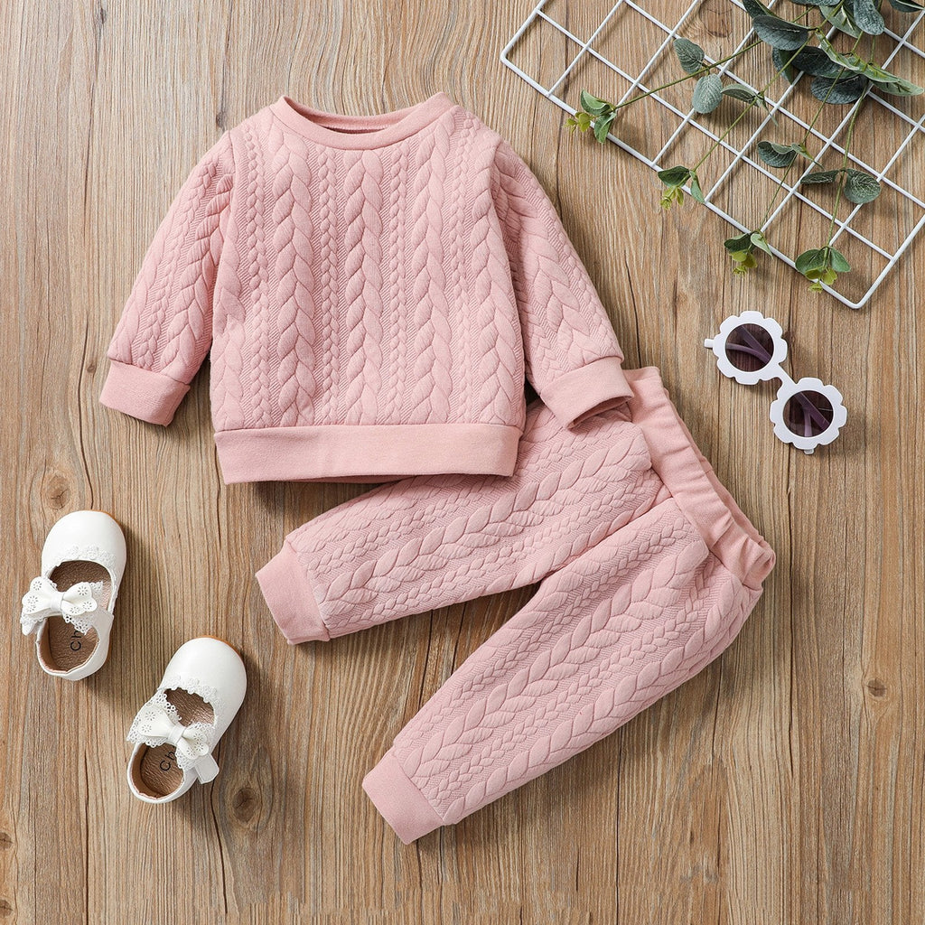 2 Pieces Cable Knit Solid Color Baby Girl Pink Set Top With Pants - PrettyKid