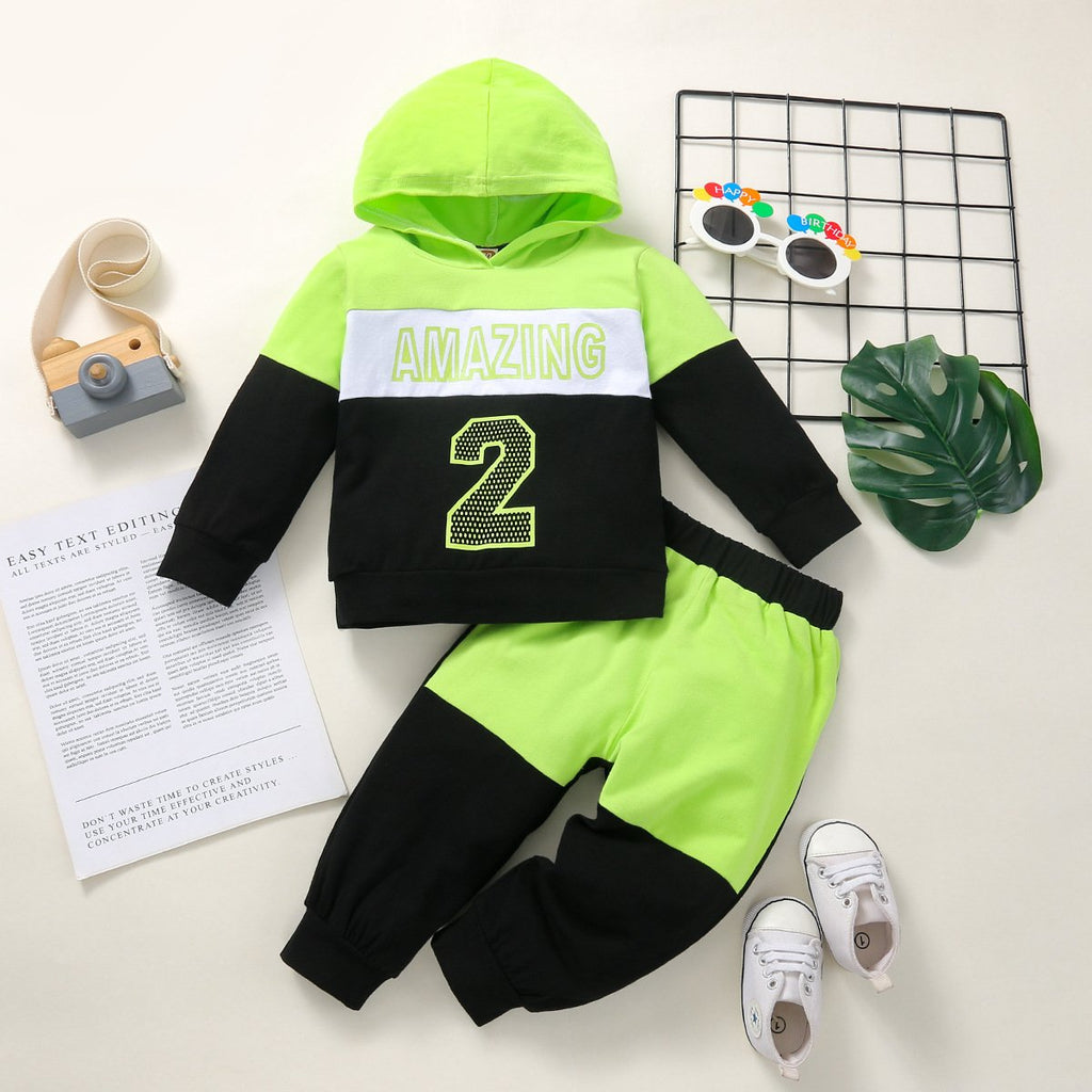 Color Blocking Letter Print Hoodie With Pants Wholesale Baby Clothes Set - PrettyKid