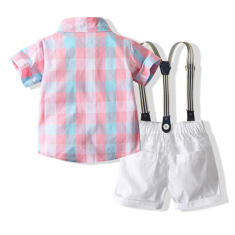 Butterfly Gingham T Shirt Suspender Shorts Boys Suit Sets Wholesale Kidswear - PrettyKid