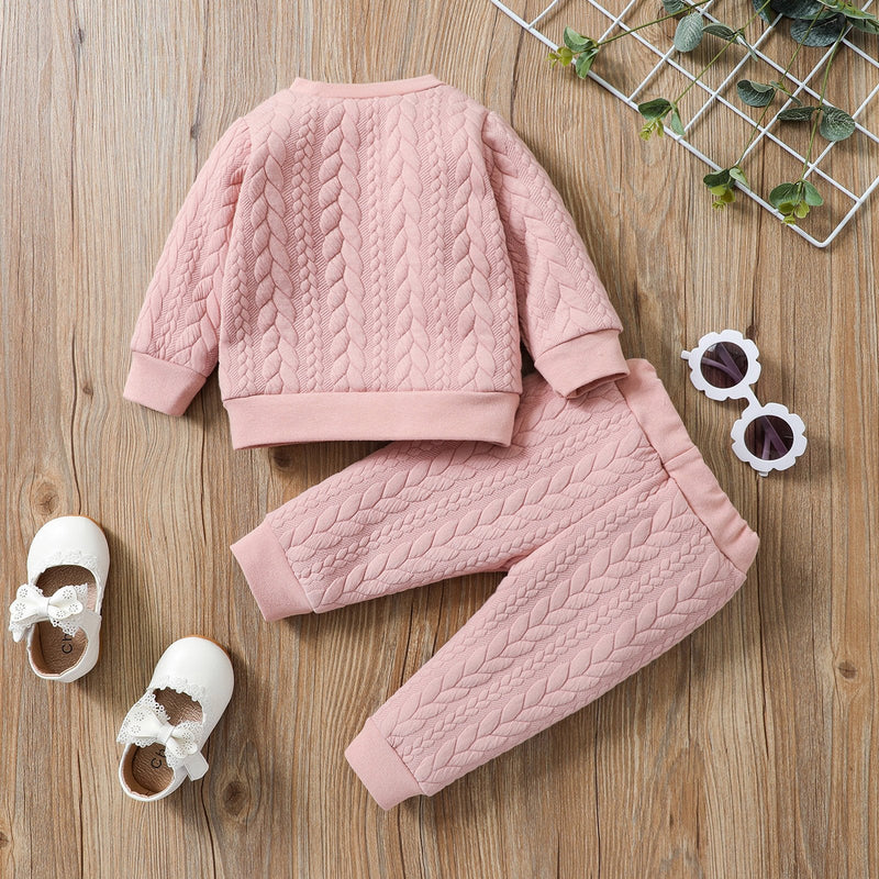 2 Pieces Cable Knit Solid Color Baby Girl Pink Set Top With Pants - PrettyKid