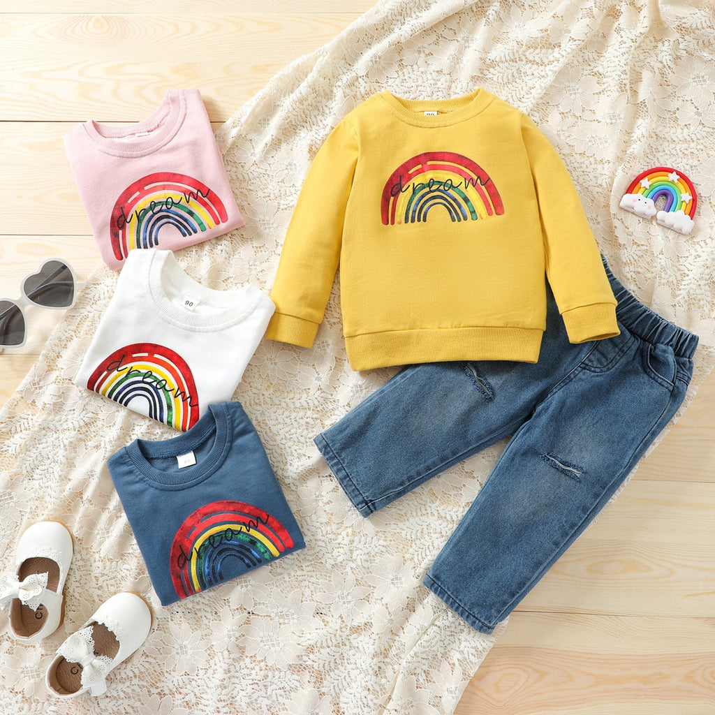 2 Pieces Rainbow Print Little Girl Set Top With Jeans - PrettyKid