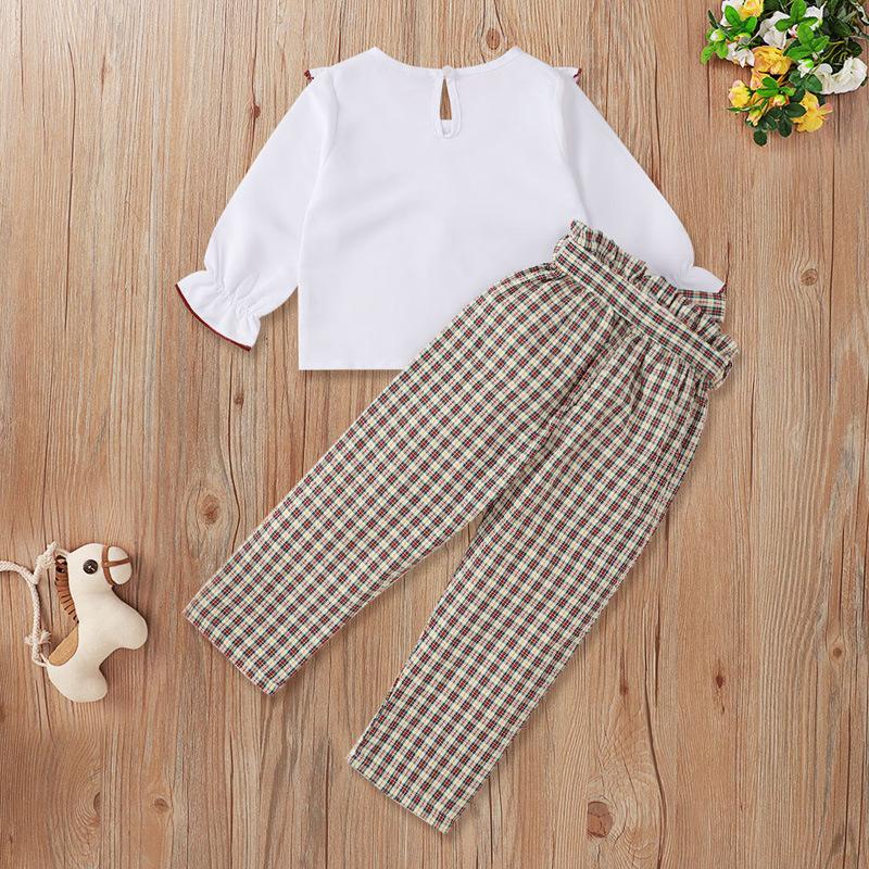 2 Pieces Checked Kid Girls Outfits Sets Ruffle Trim Top With Pants - PrettyKid