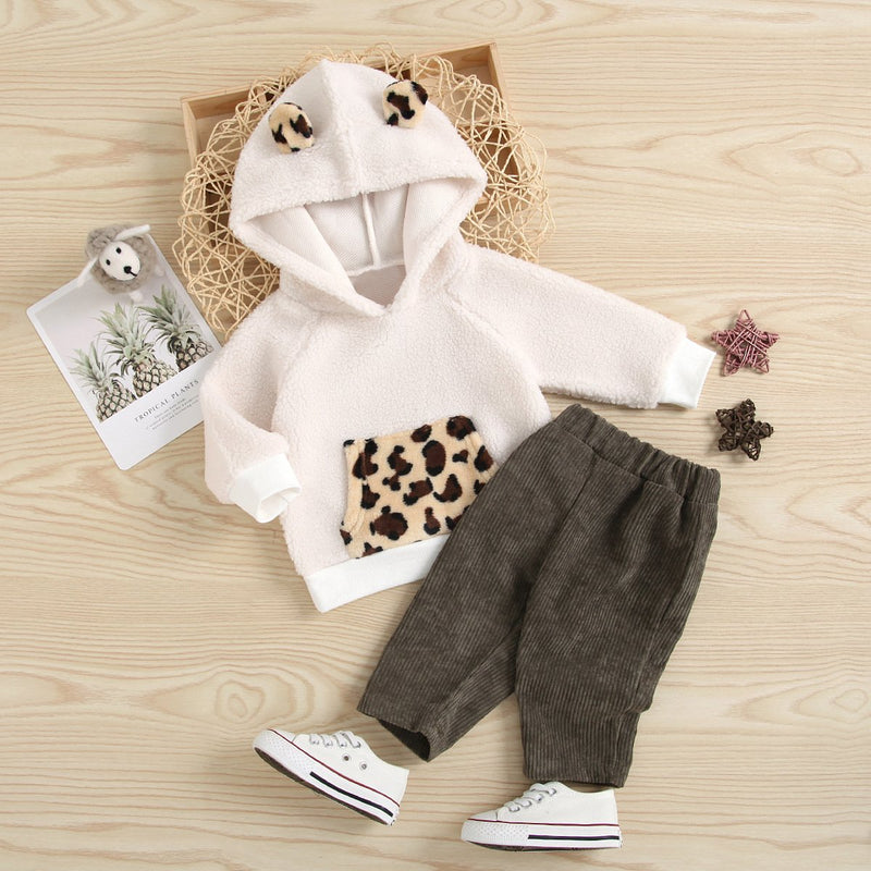 Baby Girl Lambswool Leopard Set Hoodie With Pants - PrettyKid