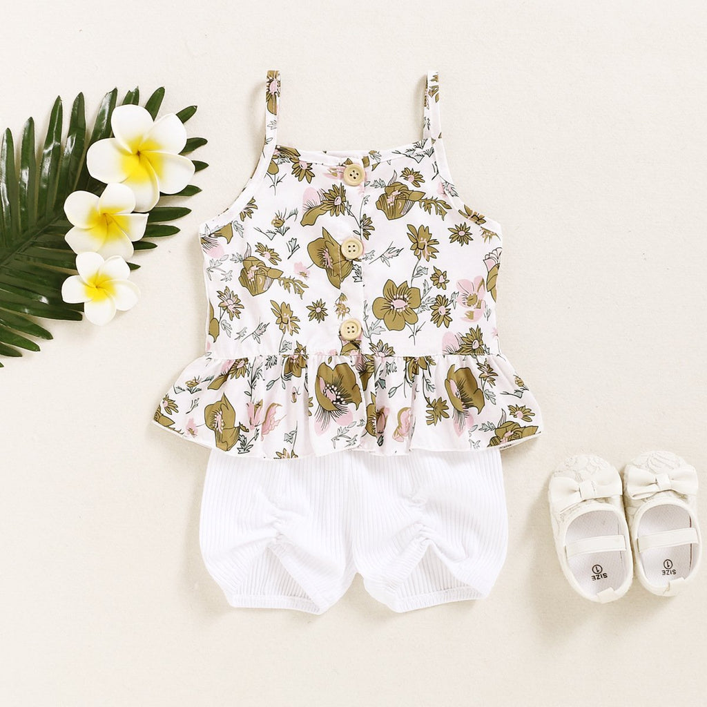 2 Pieces Flower Trim Little Girl Set Cami Top With Shorts - PrettyKid