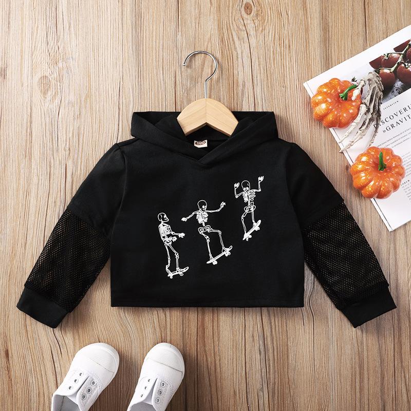 Black Skull Print Halloween Hooded Sweatshirt For Kids - PrettyKid