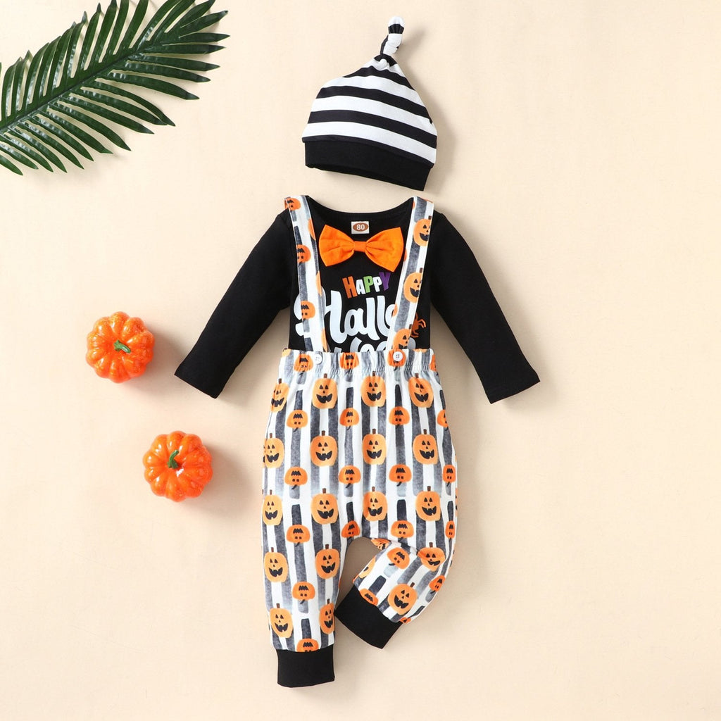 Baby Happy Halloween Outfits Bodysuit Suspender Pants With Hat - PrettyKid