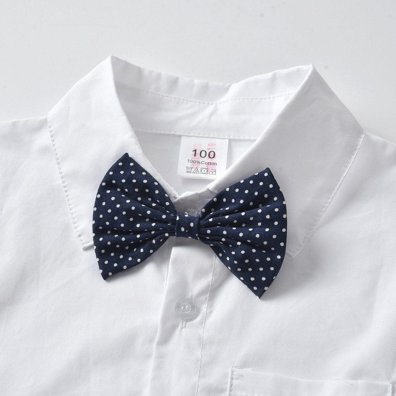 Boy Suit Dot Print Bow Tie White Shirt With Strap Trousers - PrettyKid