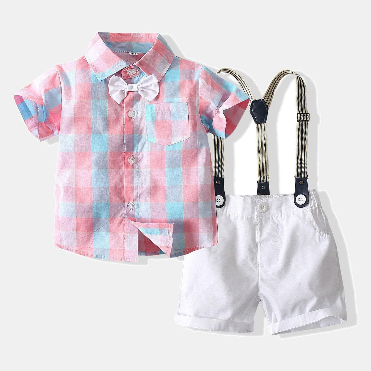 Butterfly Gingham T Shirt Suspender Shorts Boys Suit Sets Wholesale Kidswear - PrettyKid