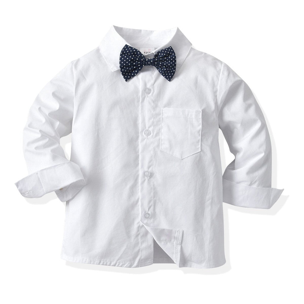 Boy Suit Dot Print Bow Tie White Shirt With Strap Trousers - PrettyKid