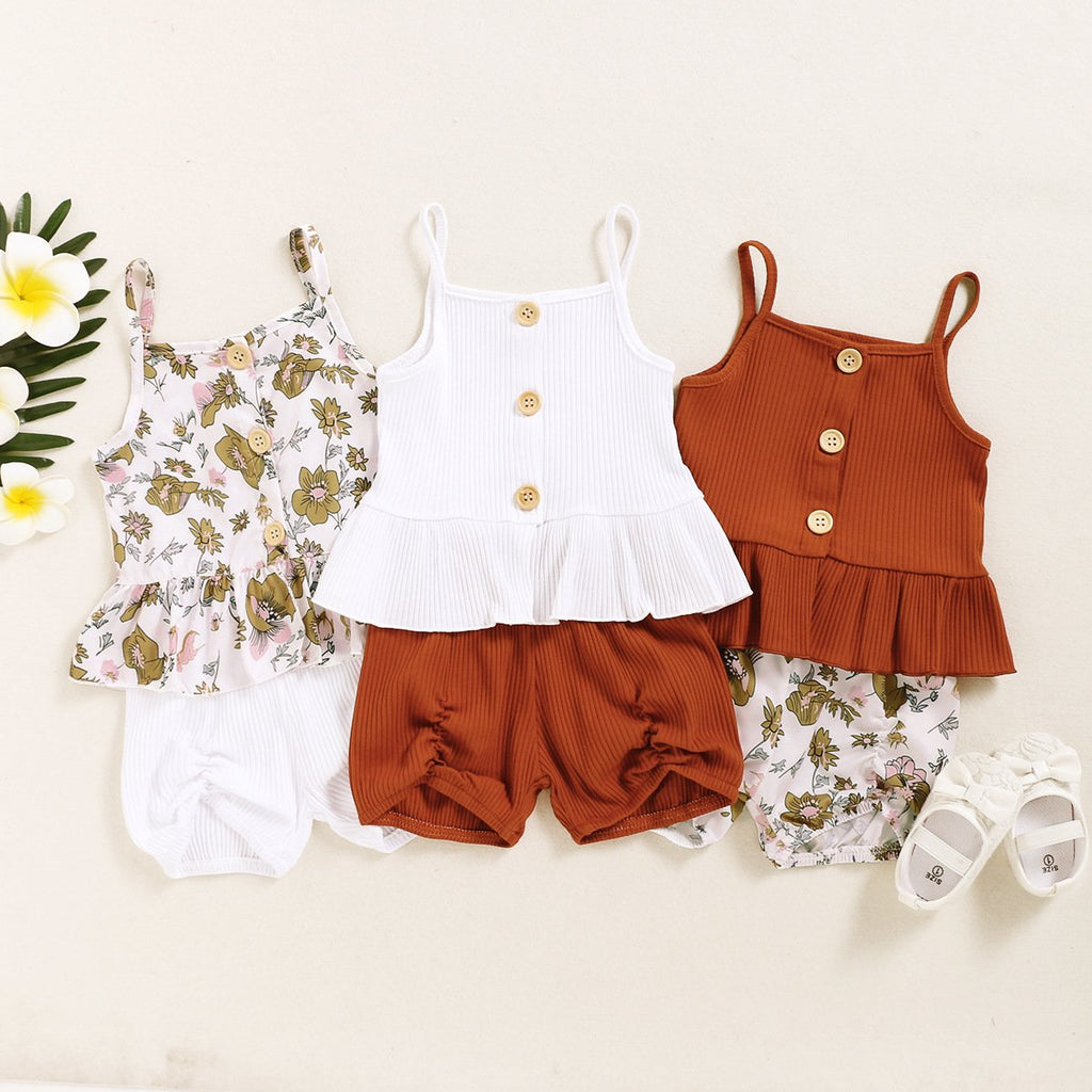 2 Pieces Flower Trim Little Girl Set Cami Top With Shorts - PrettyKid