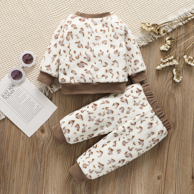 2-Piece Winter Clothes Baby Outfits Leopard Pattern Top Matching Pants - PrettyKid