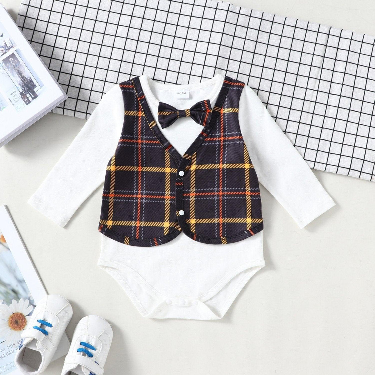 Baby Boy Gentleman Suit Fake Two Piece Plaid Bodysuit With Pants - PrettyKid