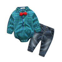 Baby Boy Clothing Sets Check Bodysuit With Jeans - PrettyKid