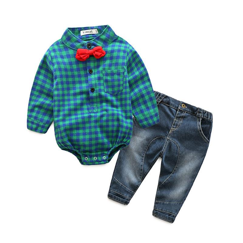 Baby Boy Clothing Sets Check Bodysuit With Jeans - PrettyKid