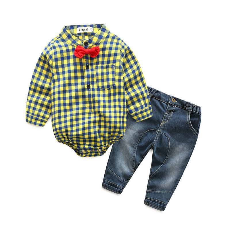 Baby Boy Clothing Sets Check Bodysuit With Jeans - PrettyKid