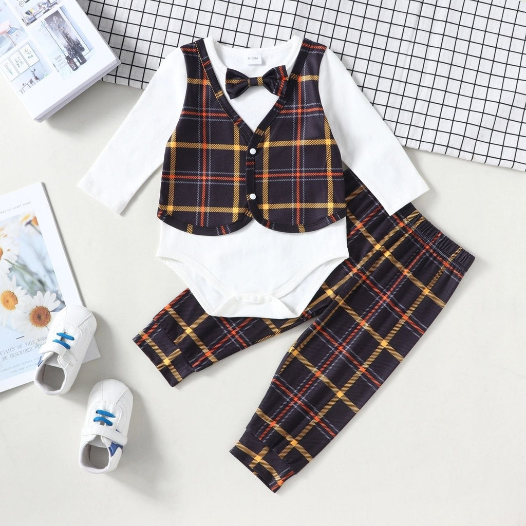 Baby Boy Gentleman Suit Fake Two Piece Plaid Bodysuit With Pants - PrettyKid