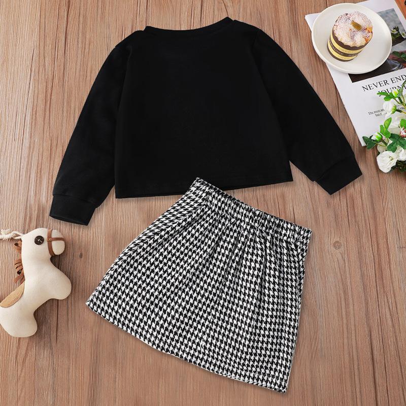2 Pieces Houndstooth pattern Girl Sets Crop Top And Flap Pockets Skirt - PrettyKid