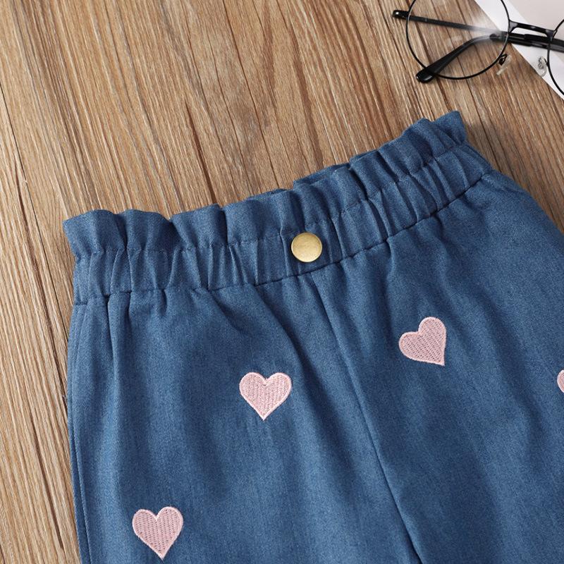 Blue Love Heart Printed Girl Denim Pants - PrettyKid
