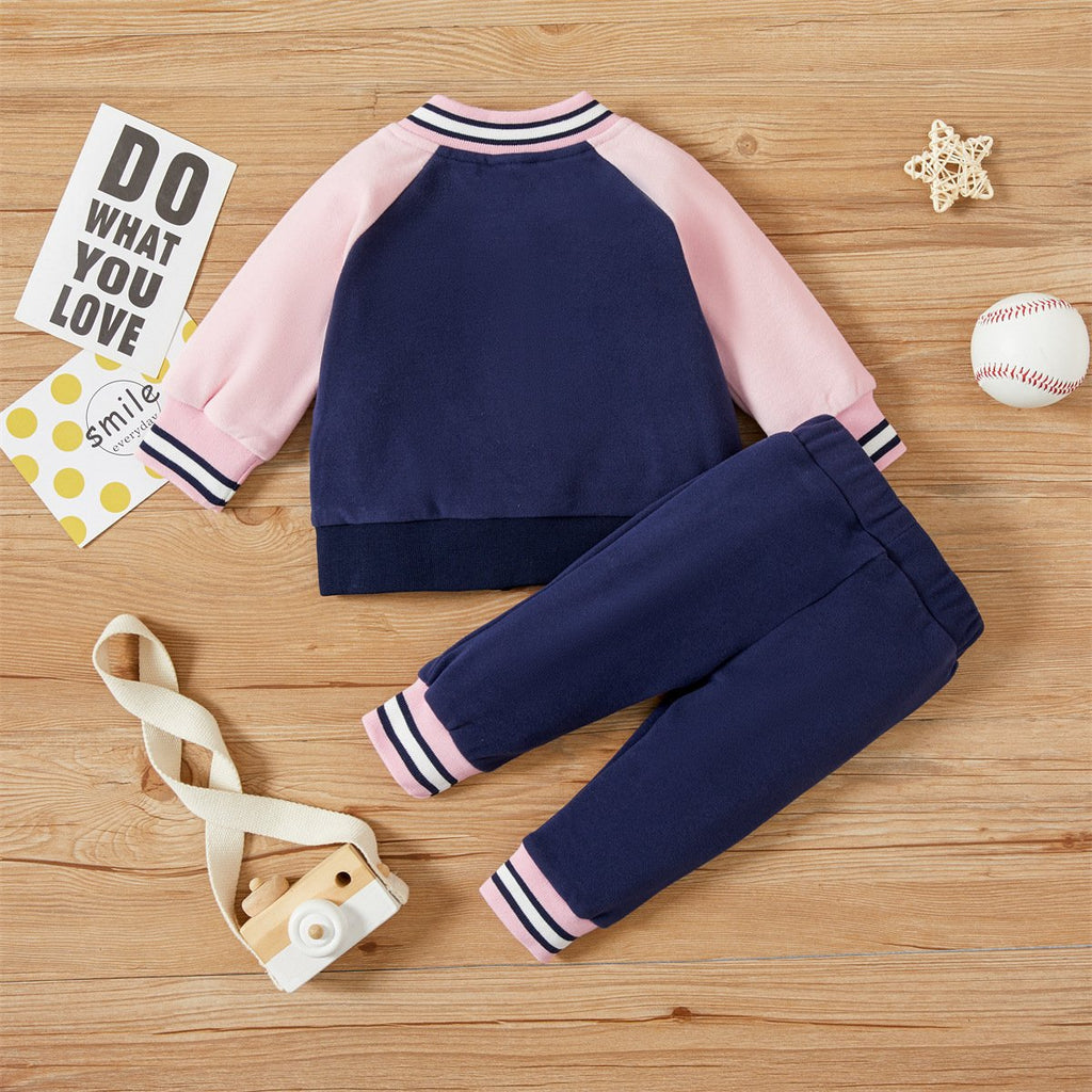 Baby Girls Letter Print Set Color Blocking Bomber Jacket With Pants - PrettyKid