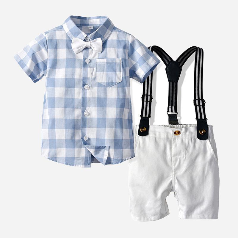 Butterfly Gingham T Shirt Suspender Shorts Boys Suit Sets Wholesale Kidswear - PrettyKid