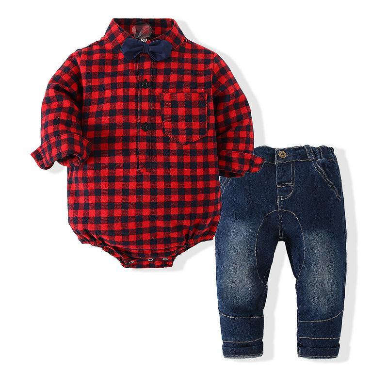 Baby Boy Clothing Sets Check Bodysuit With Jeans - PrettyKid