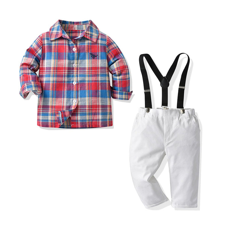 2 Pieces Kid Boy Clothing Sets Plaid Pattern Shirt And Suspender Pants - PrettyKid