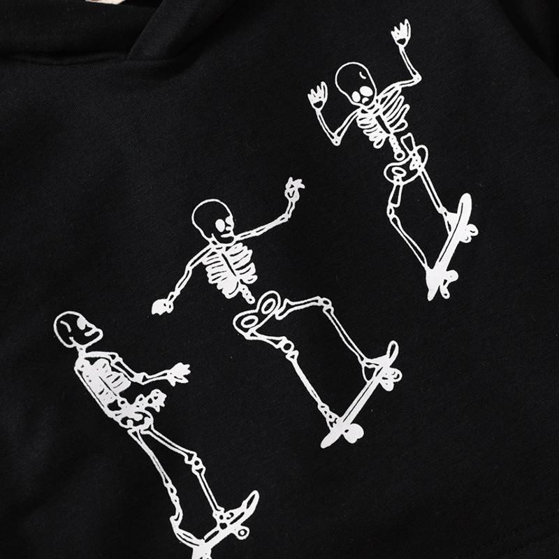 Black Skull Print Halloween Hooded Sweatshirt For Kids - PrettyKid