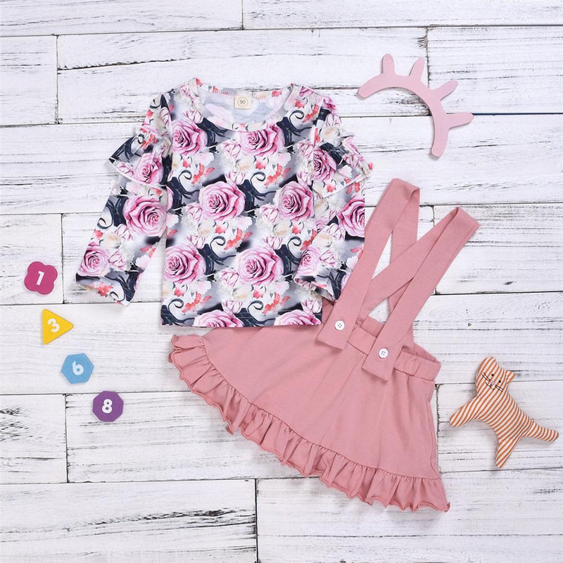 Girls Floral Printed Long Sleeve Top & Solid Suspender Skirt Girls Clothes Wholesale - PrettyKid