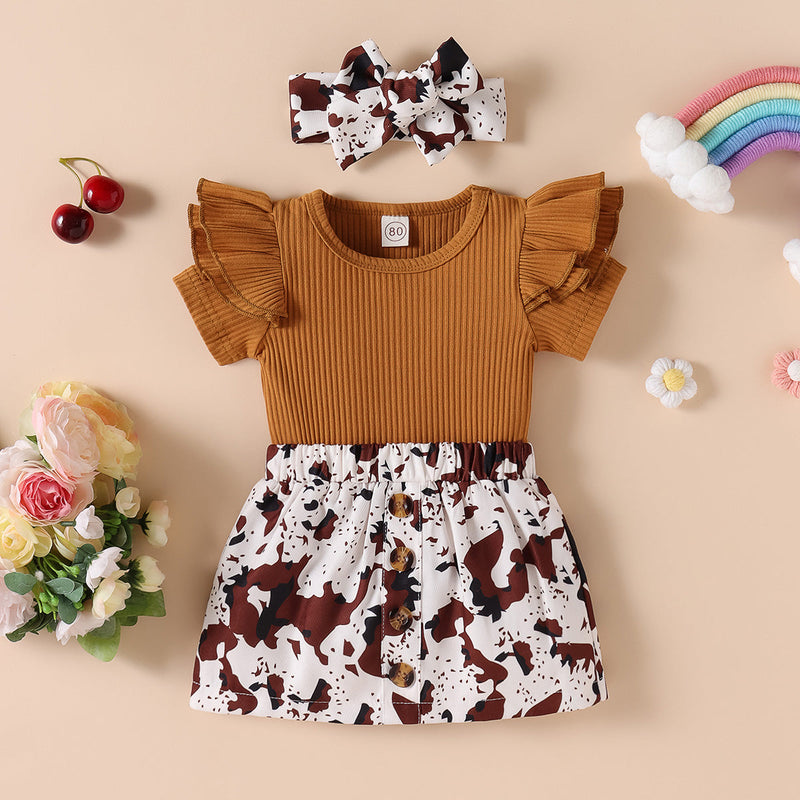 Toddler Girls Cute Leopard Fly Sleeves Top & Leopard Skirt & Headband Dress Set Wholesale - PrettyKid