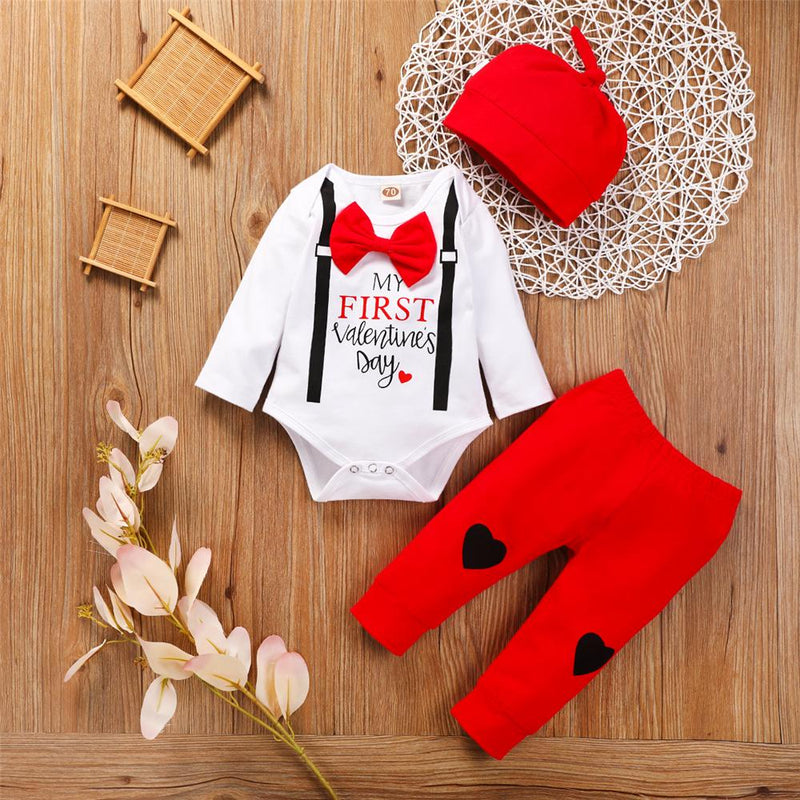 Baby Boys Long Sleeve Valentine's Day Romper & Pants & Hat Baby Outfits - PrettyKid