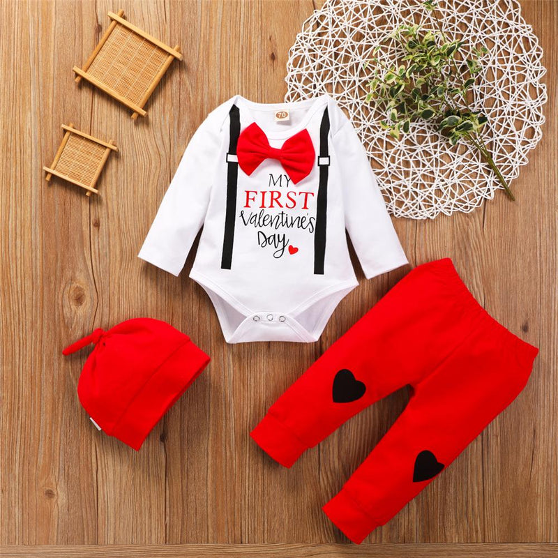 Baby Boys Long Sleeve Valentine's Day Romper & Pants & Hat Baby Outfits - PrettyKid