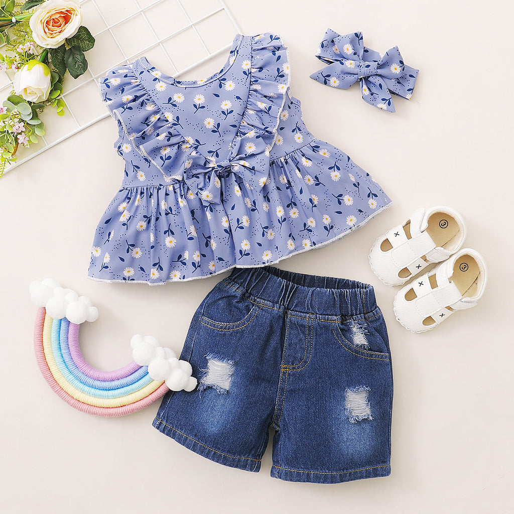 Toddler Girl Casual Ruffle Floral Plaid Cute Tank Top & Denim Shorts Wholesale - PrettyKid