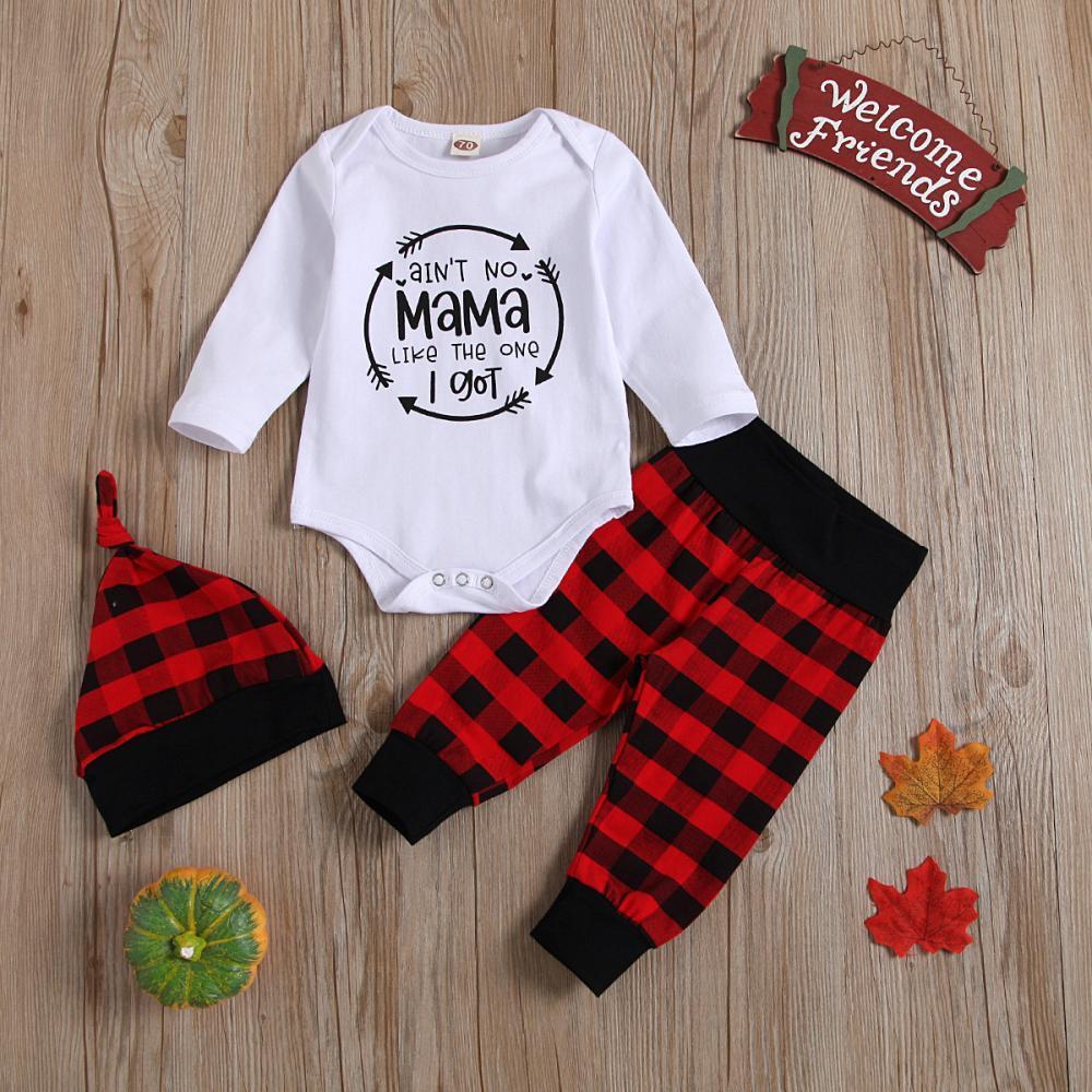 Baby Letter Printed Casual Romper & Plaid Pants & Hat Baby Clothing Wholesale - PrettyKid