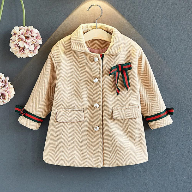 Girls Button Long Sleeve Woollen Coat Wholesale Little Girl Clothing - PrettyKid