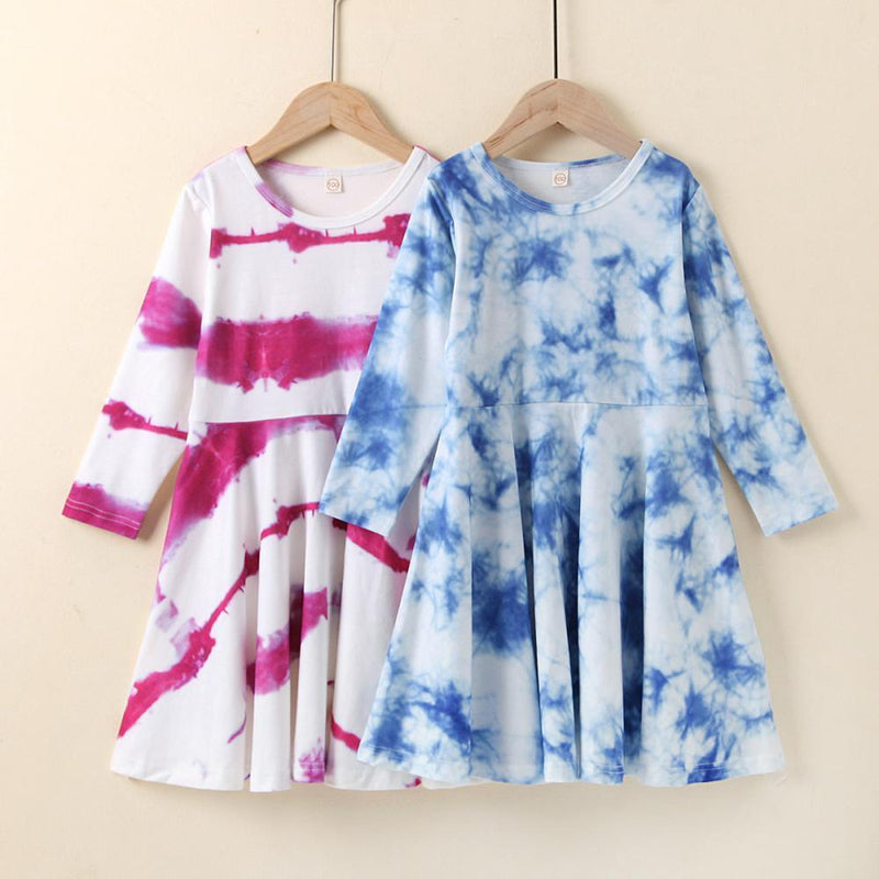 Girls Crew Neck Long Sleeve Tie Dye Dress Wholesale Girl Boutique Clothing - PrettyKid