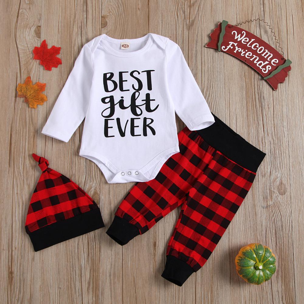 Baby Letter Printed Casual Romper & Plaid Pants & Hat Baby Clothing Wholesale - PrettyKid