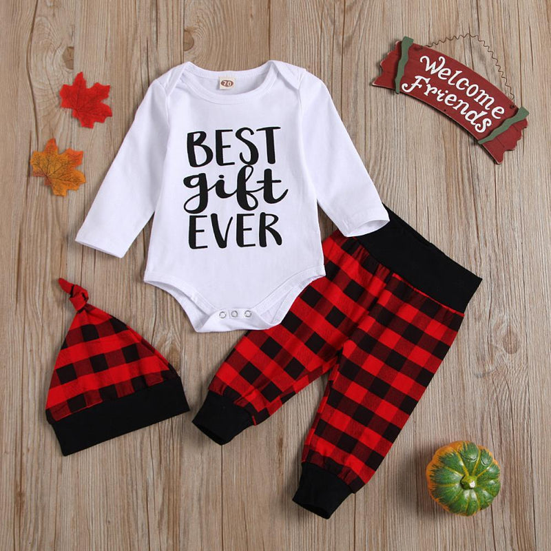 Baby Letter Printed Casual Romper & Plaid Pants & Hat Baby Clothing Wholesale - PrettyKid