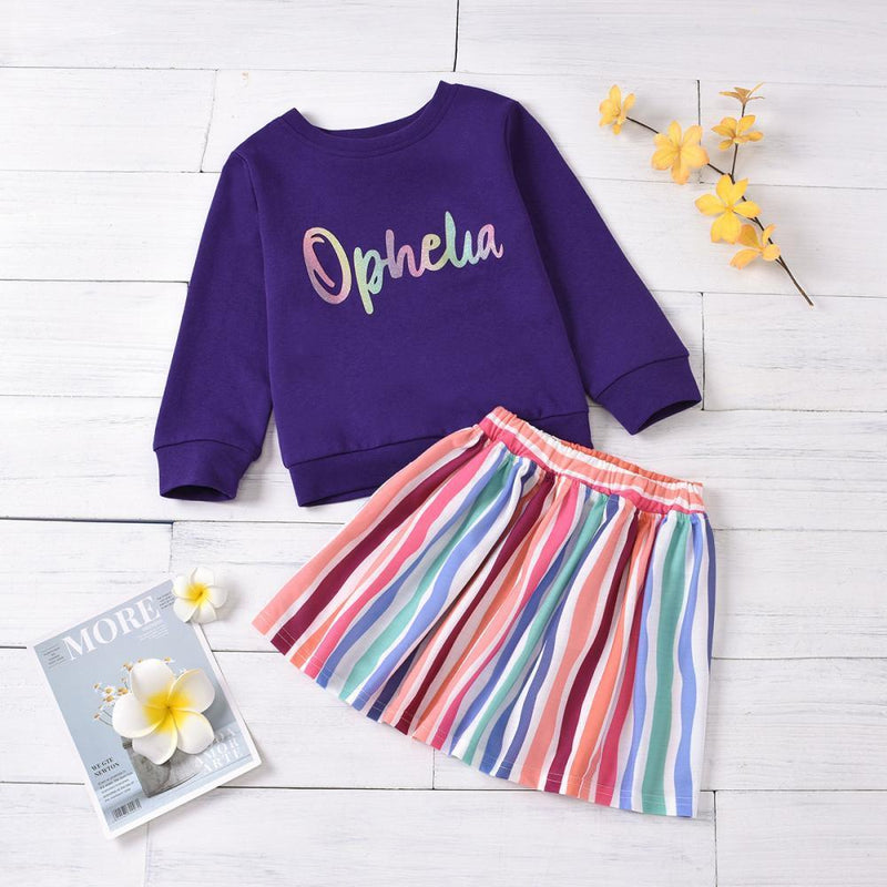 Girls Long Sleeve Letter Printed T-shirt & Striped Skirt Girl Boutique Clothing Wholesale - PrettyKid