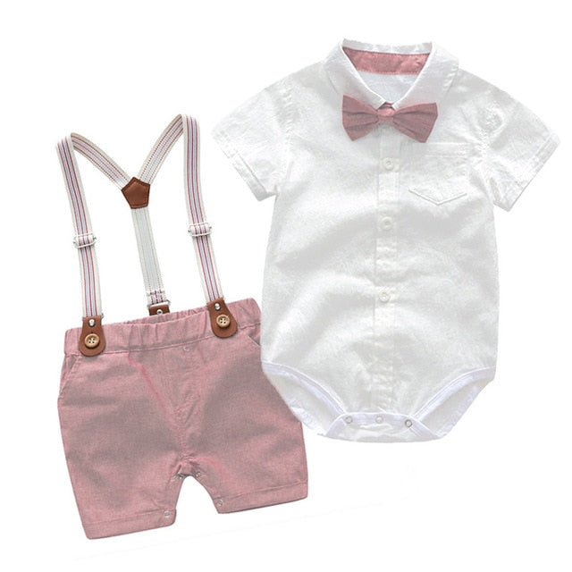 Stylish Baby Boy Clothes Suits Newborn Party Dress Soft Cotton Solid Rmper + Belt Pants Infant Toddler Set Online Wholesale - PrettyKid