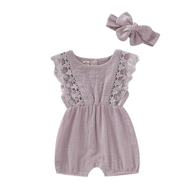 newness Baby Clothes Toddler Sleeve Solid Lace Design Romper Jumpsuit With Headband One-Pieces Vendor - PrettyKid