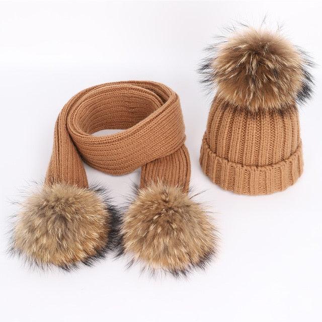 Fashion Boys and Girls Hat Set Winter Warm Knitted Bobble Fur Pompom Children Hat and Scarf Suit Manufactuer - PrettyKid