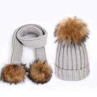 Fashion Boys and Girls Hat Set Winter Warm Knitted Bobble Fur Pompom Children Hat and Scarf Suit Manufactuer - PrettyKid