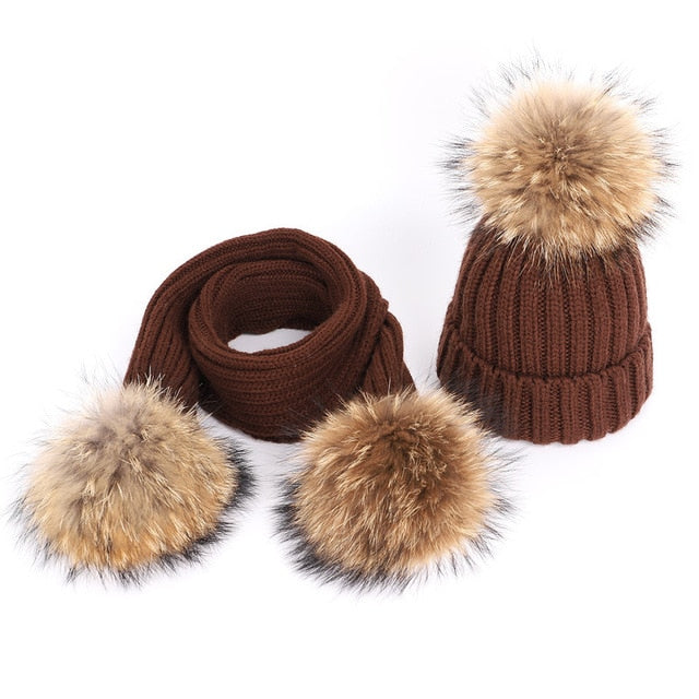 Fashion Boys and Girls Hat Set Winter Warm Knitted Bobble Fur Pompom Children Hat and Scarf Suit Manufactuer - PrettyKid