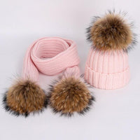 Fashion Boys and Girls Hat Set Winter Warm Knitted Bobble Fur Pompom Children Hat and Scarf Suit Manufactuer - PrettyKid