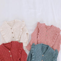 wholesale Ruffles V Necek Girls Sweater 2021 spring Winter Baby Girls Cardigan Sweaters Chidlren Outwear Coat supplier - PrettyKid